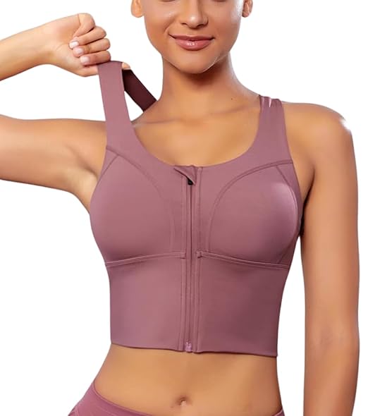 GLAMORAS Women’s High Impact Sports Bra – Polyester Spandex, Front Zip, Longline Fitness Crop Top with Criss Cross Back